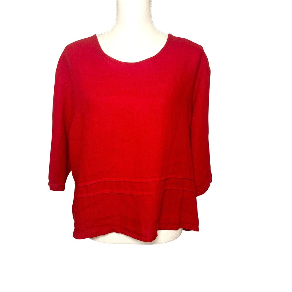Bryn Walker Womens 100% Linen Top Red Pintuck 3/4 Sleeve Boxy Blouse M